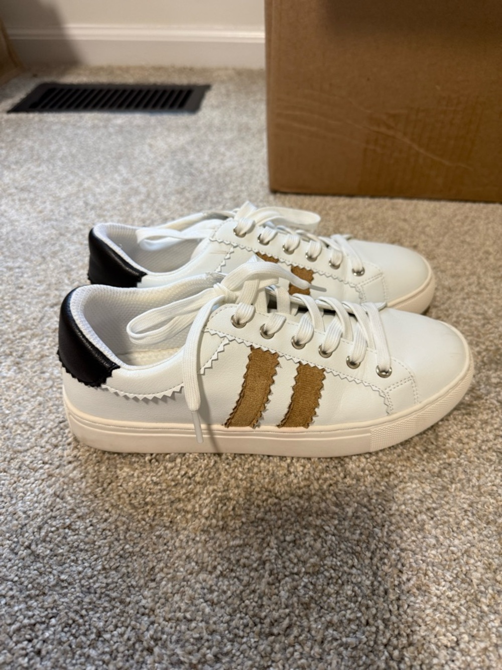 Women's White Sneakers with Tan Stripes and Black Heel